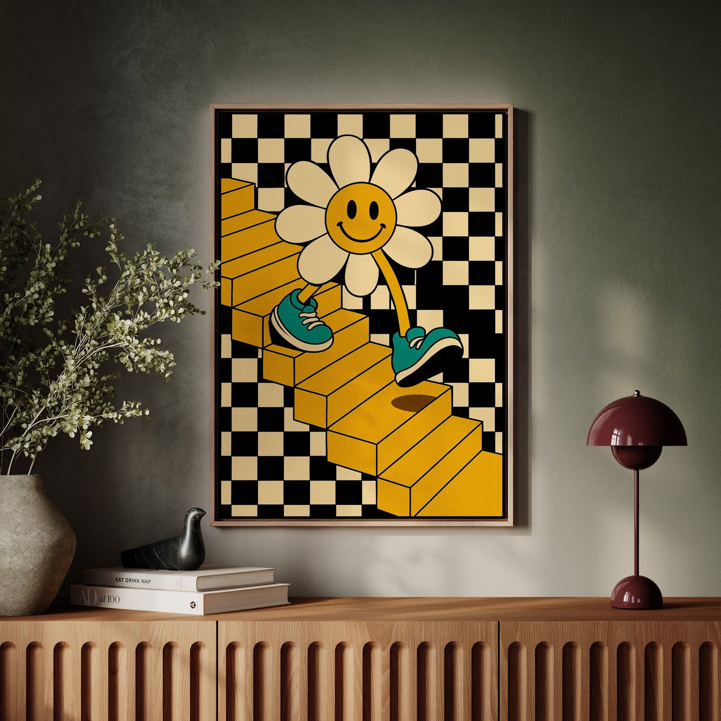 Groovy Daisy Vibes – Retro Checkerboard Flower Print