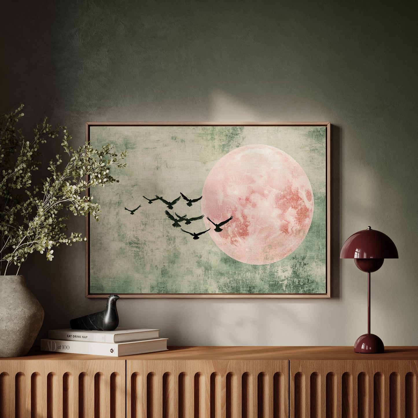Pink Moon Wall Art – Minimalist Birds in Flight Print