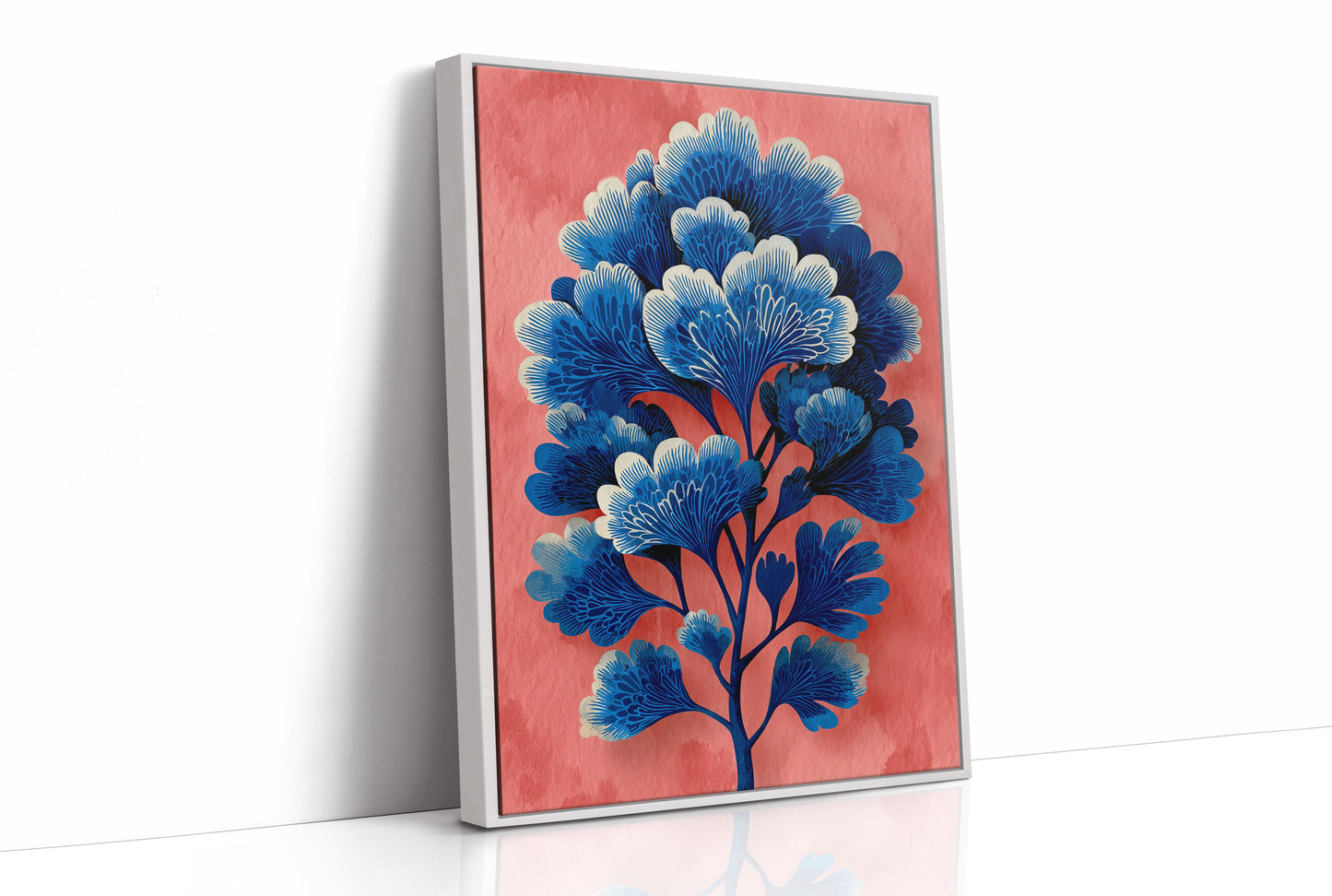 Blue Blooms on a Coral Wall
