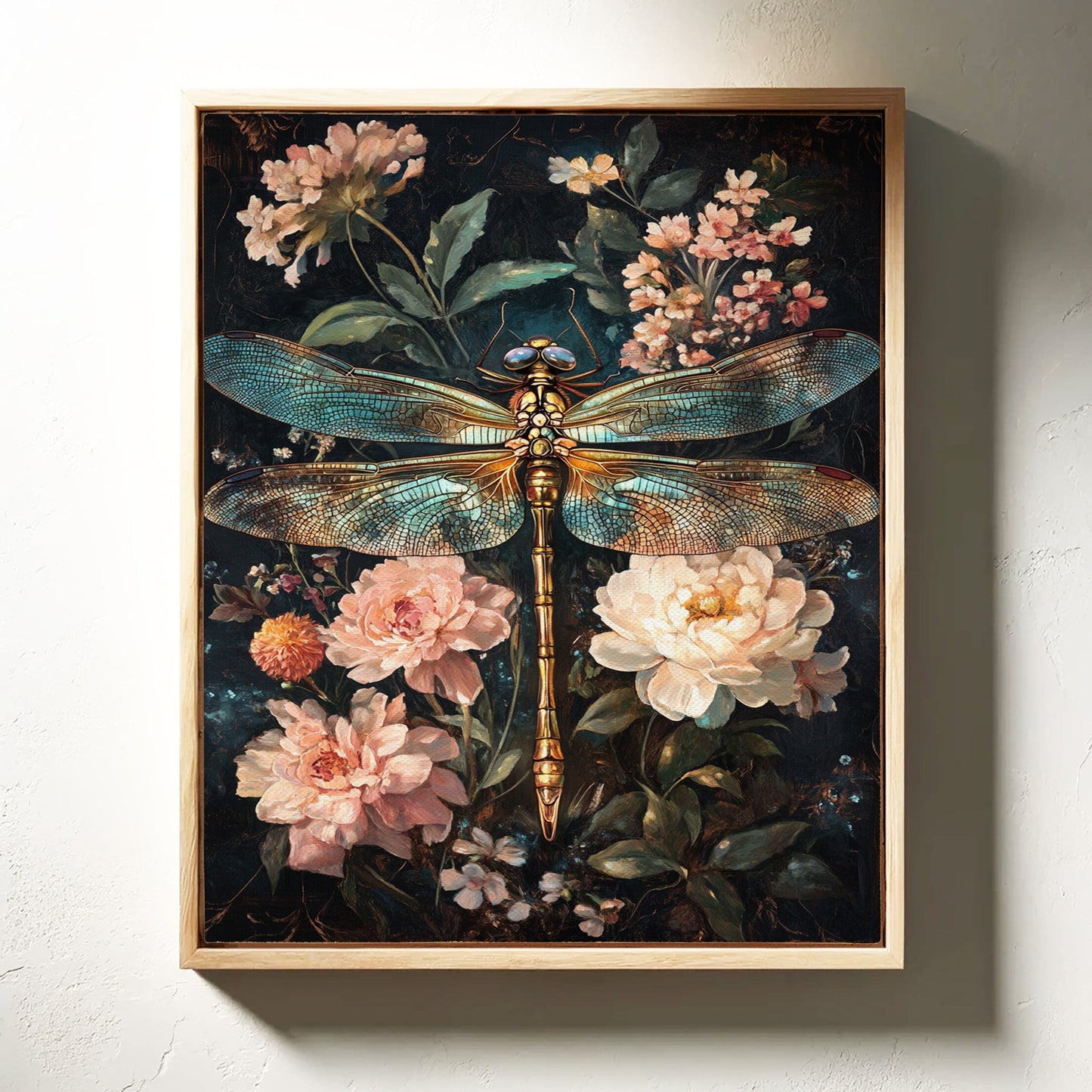 Golden Dragonfly: Dark Floral Baroque Canvas Wall Art