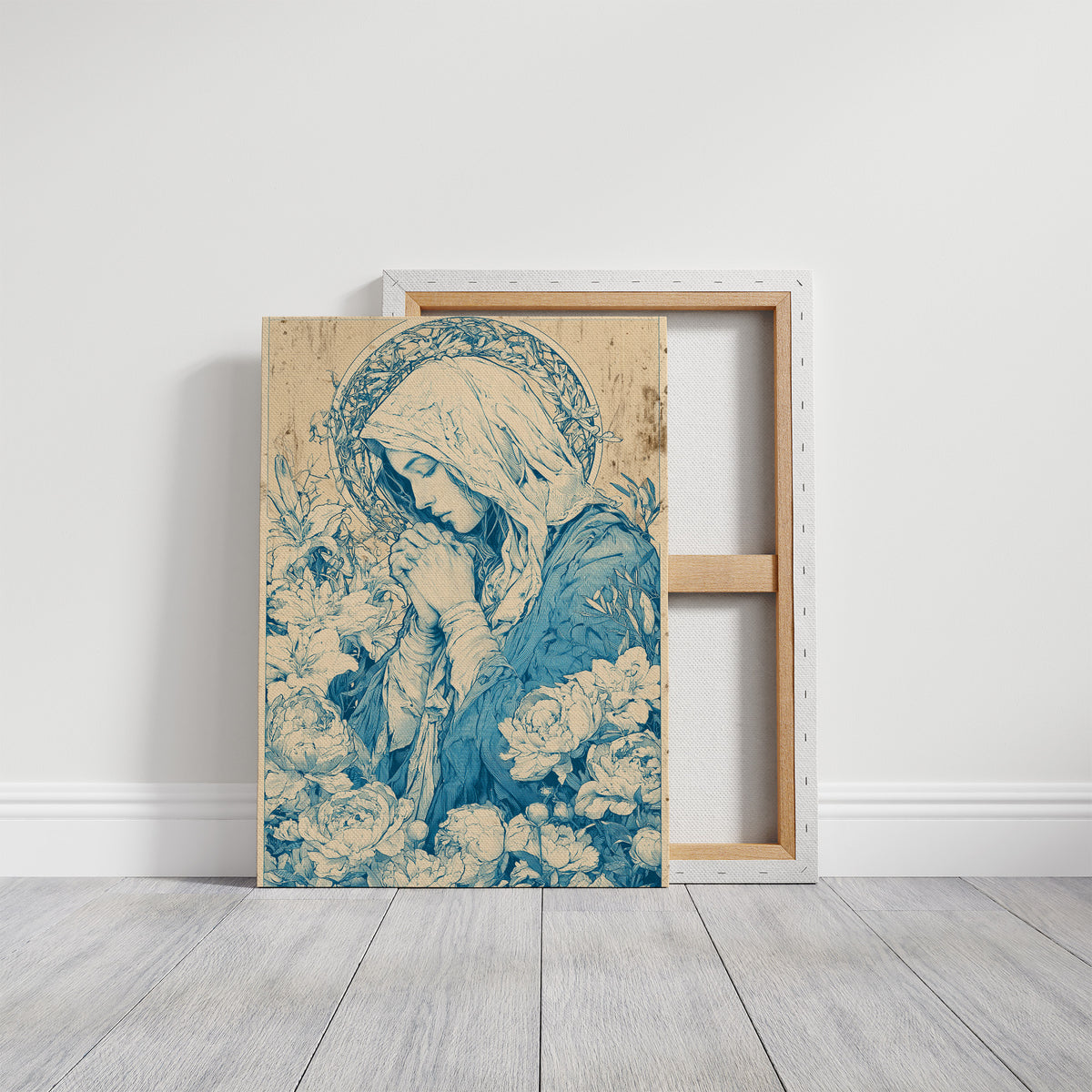 Madonna in Lilies — Cobalt Blue Devotional Engraving