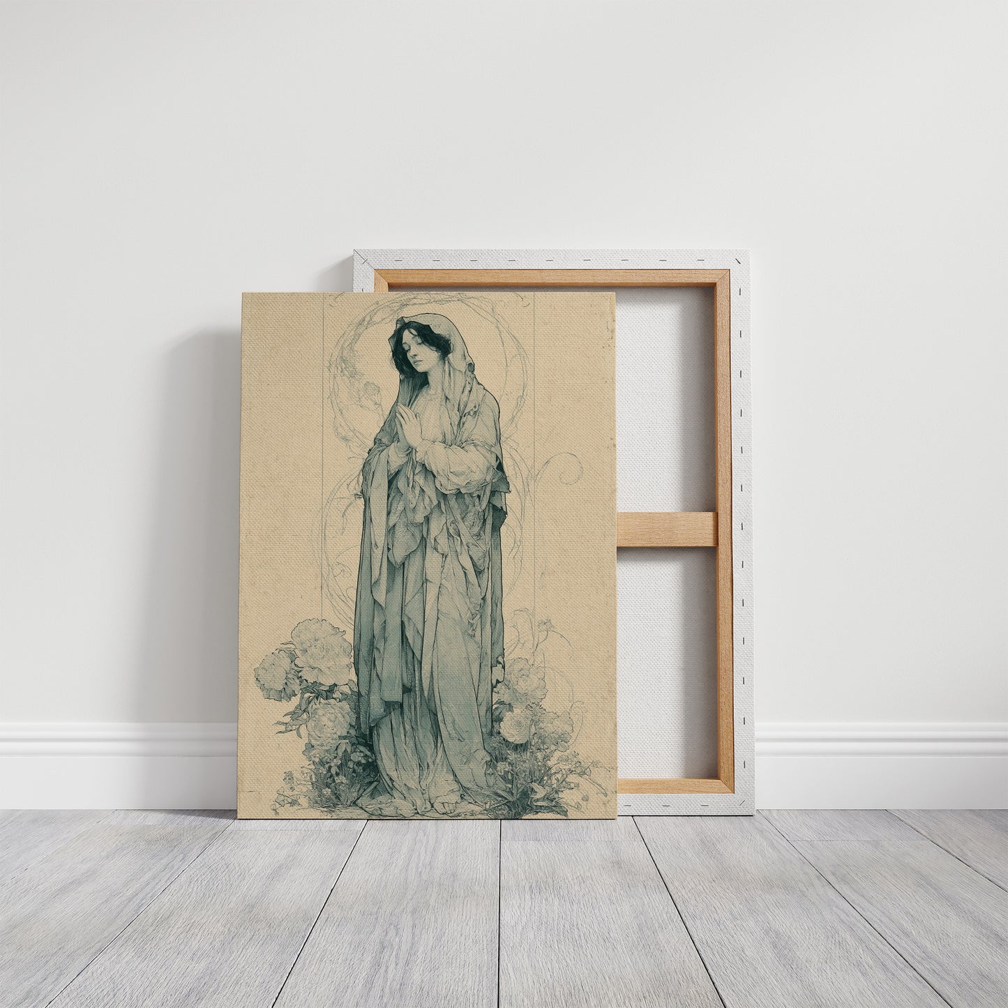 Madonna Among Peonies — Pre-Raphaelite Devotional Drawing