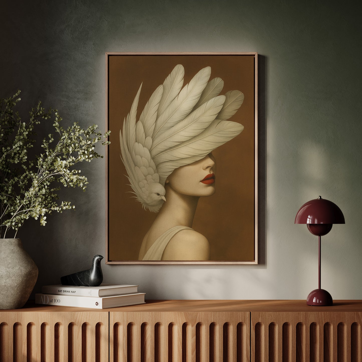 Winged Elegance in Ivory and Crimson