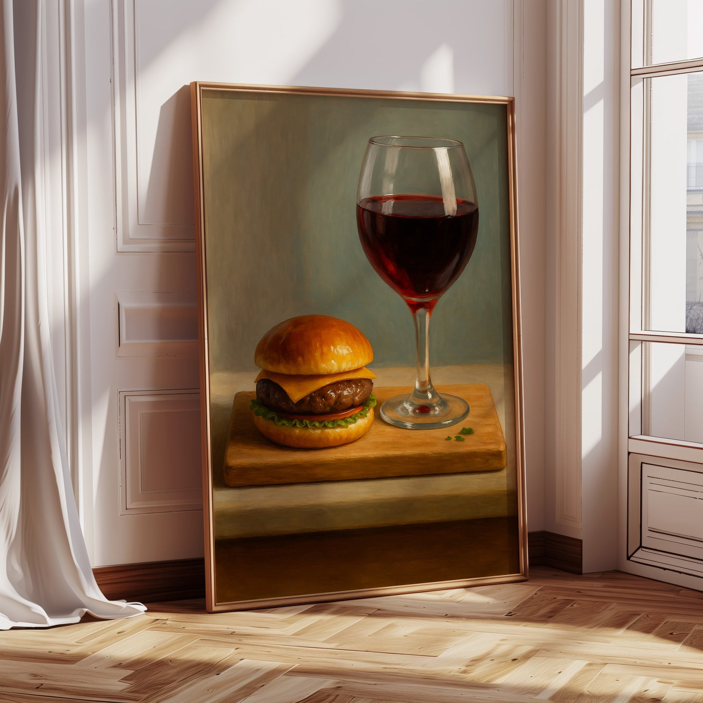 Burger and Bordeaux Still Life