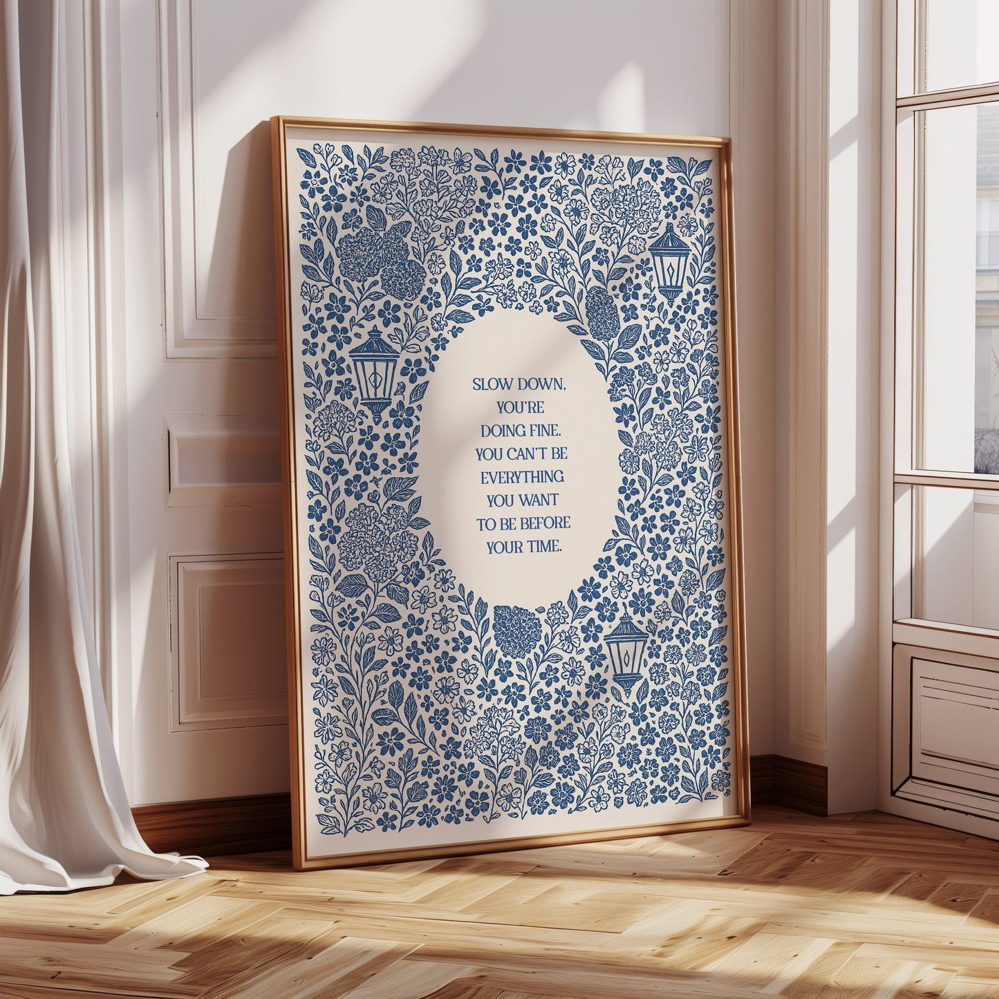 Blue Floral Lantern Quote Print – Slow Down, You’re Doing Fine