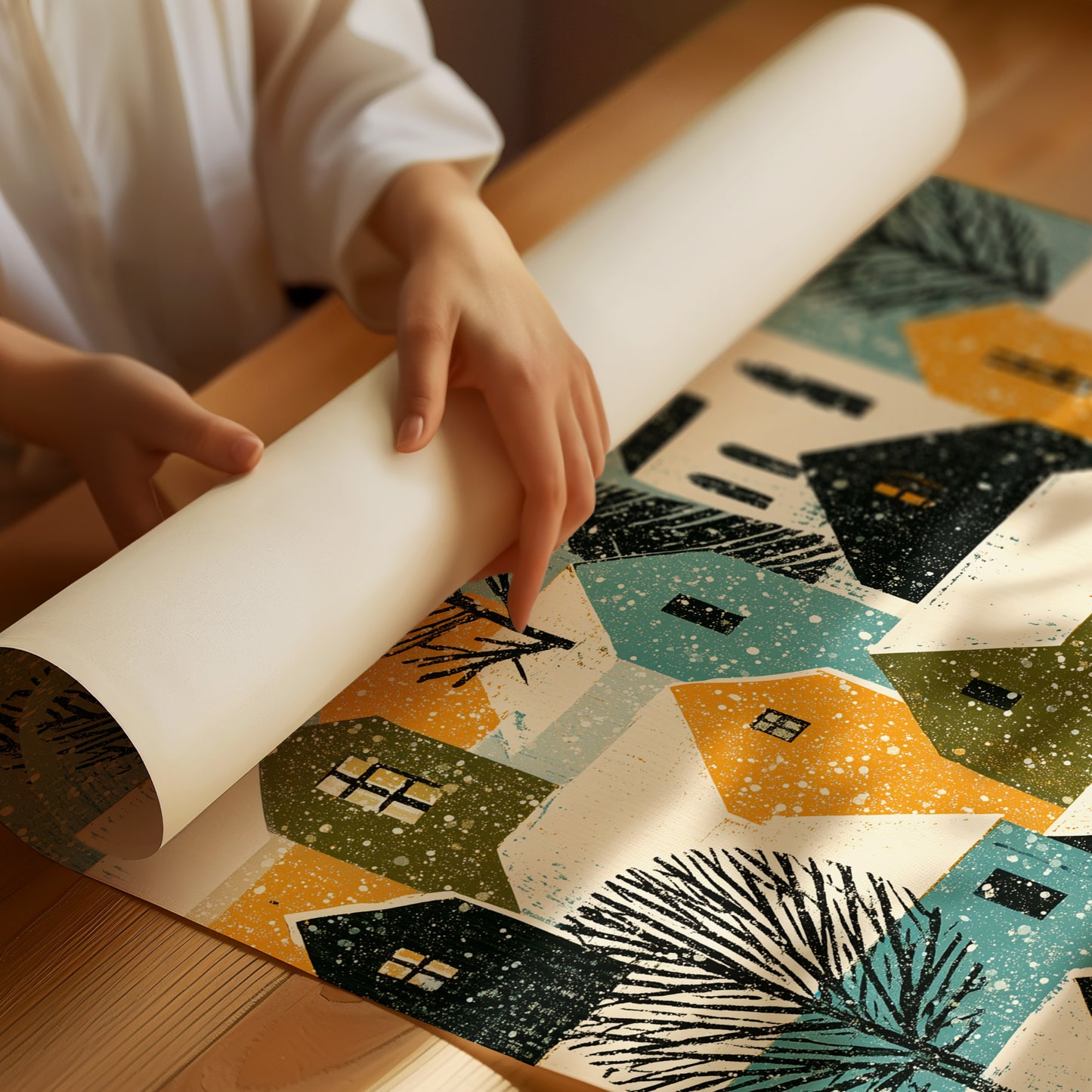 Snowy Village in Mustard & Teal