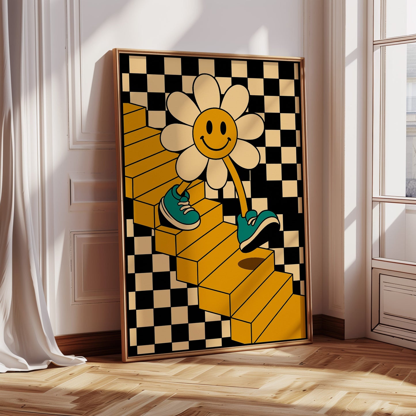 Groovy Daisy Vibes – Retro Checkerboard Flower Print