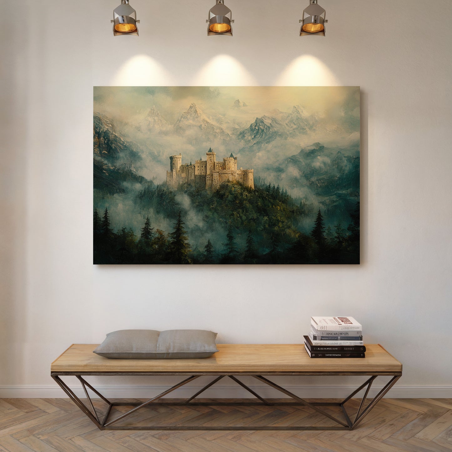 Misty Mountain Castle: Ethereal Fantasy Landscape Canvas Wall Art