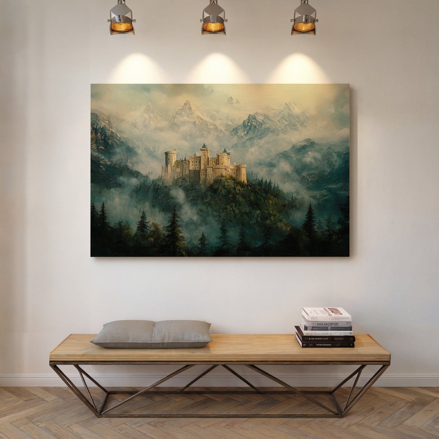 Misty Mountain Castle: Ethereal Fantasy Landscape Canvas Wall Art