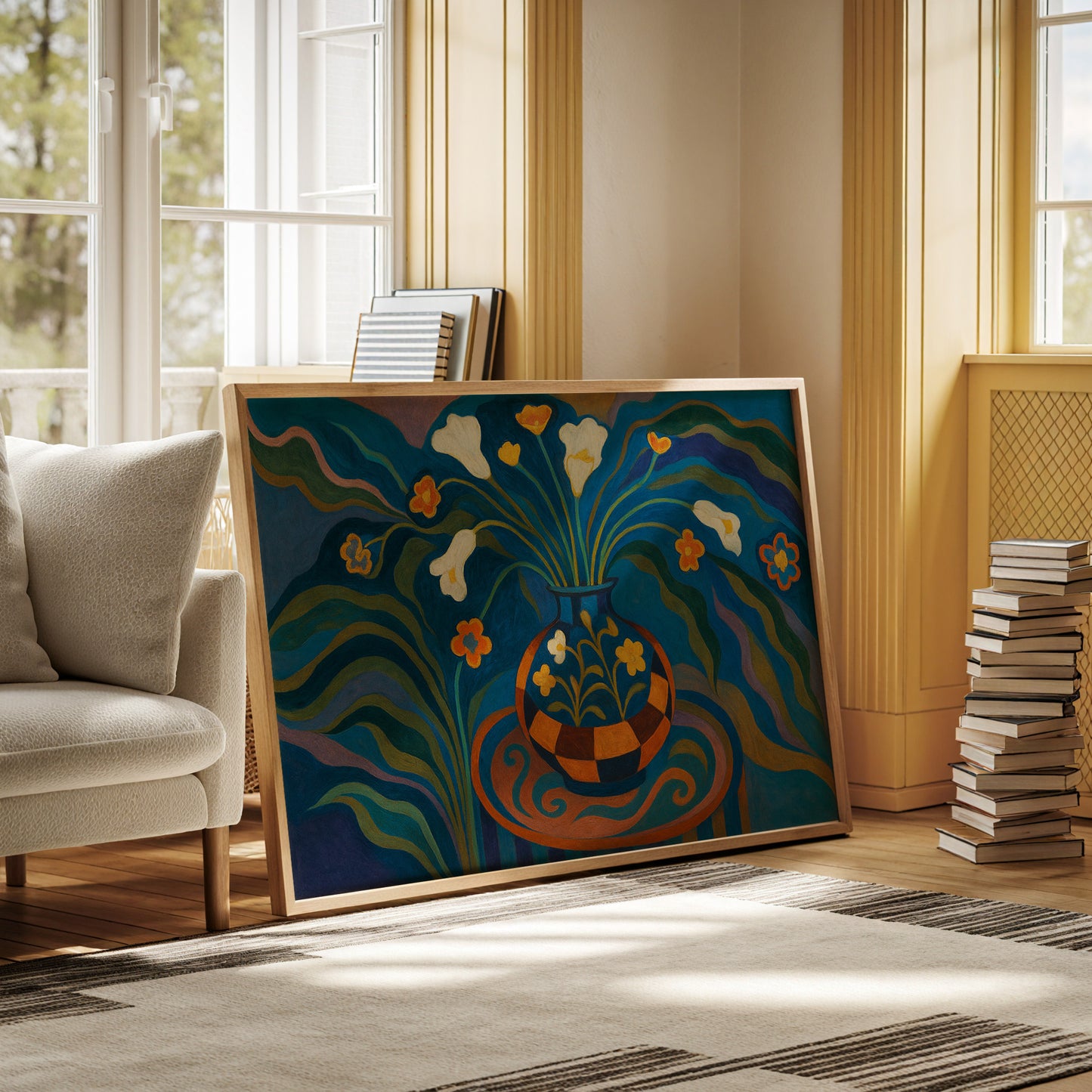 Moonlit Blooms in a Checkered Vase