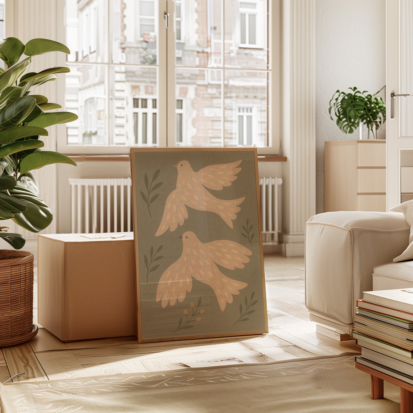 Blush Doves in Olive Sky