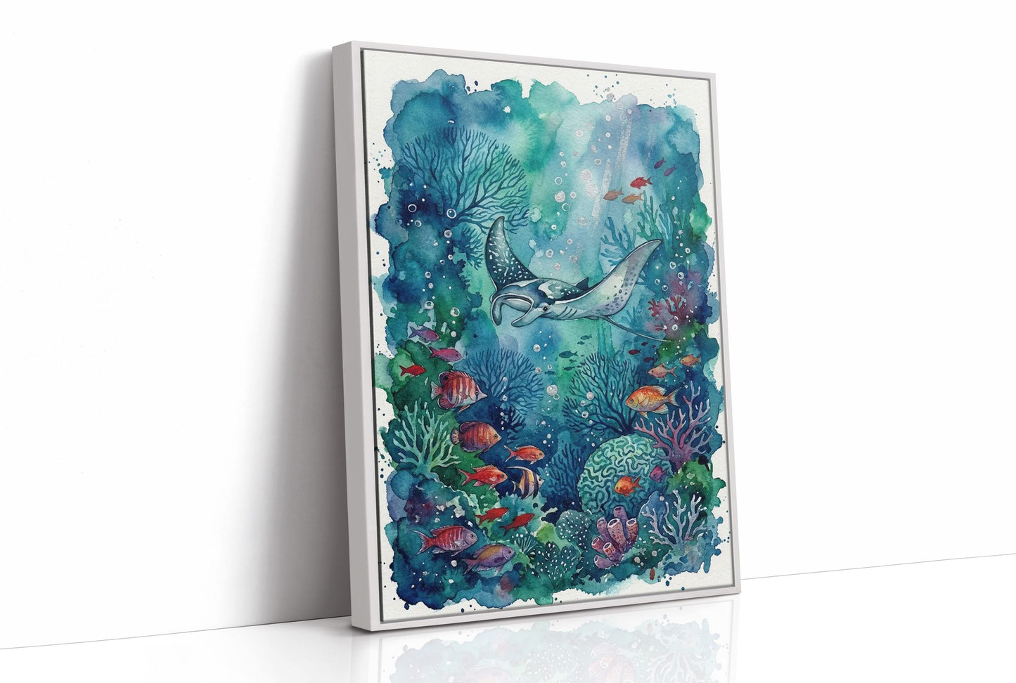 Silent Glide: Watercolor Manta Ray Reef Scene