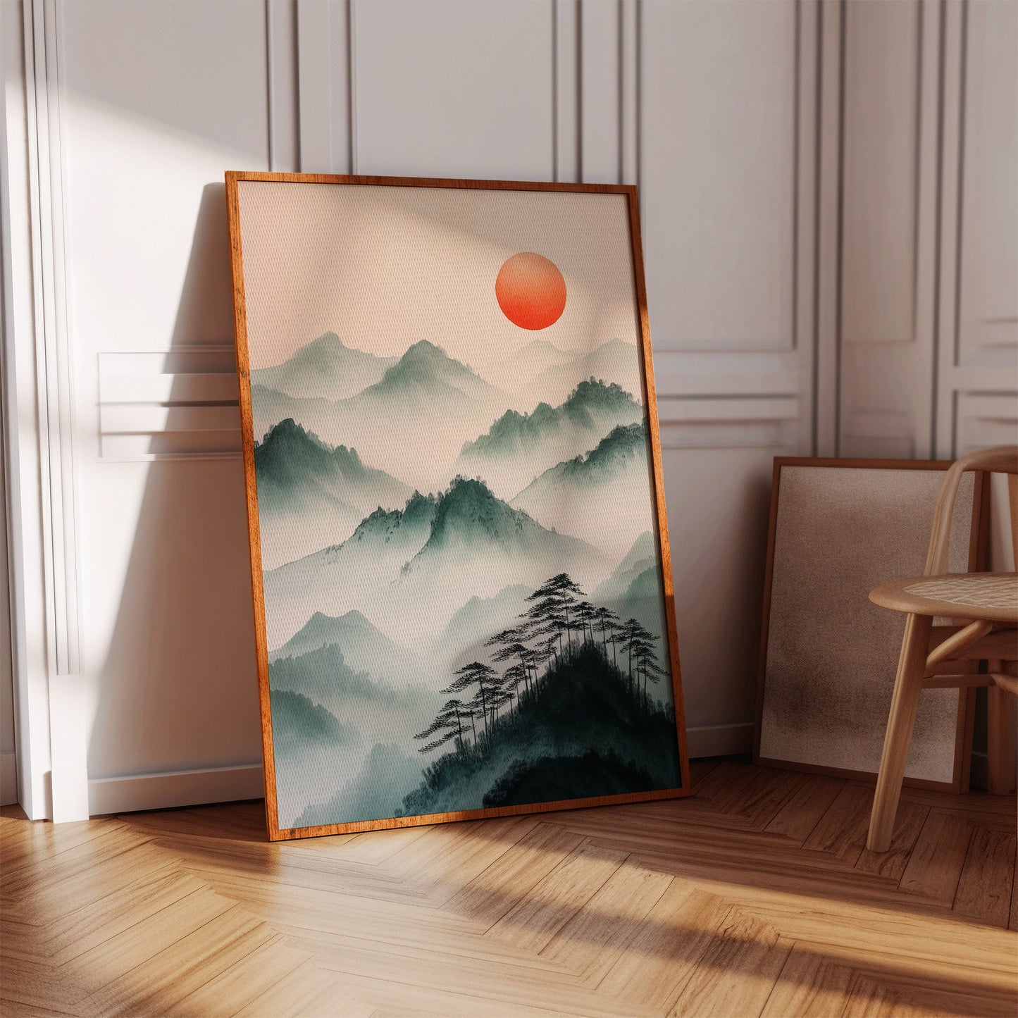 Misty Mountain Sunrise – Tranquil Asian-Inspired Landscape Print