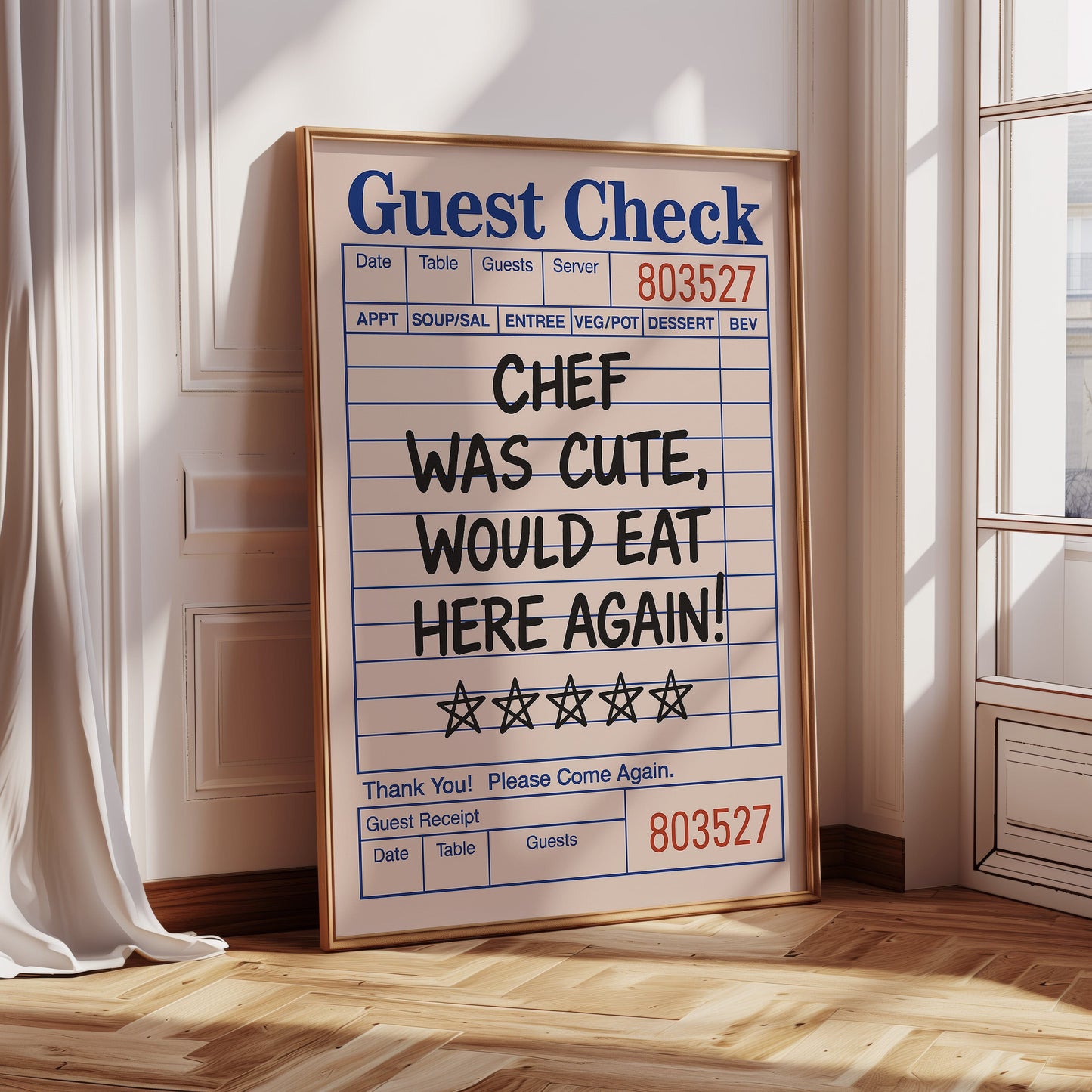 Funny Guest Check Wall Art – “Chef Was Cute” Diner Poster