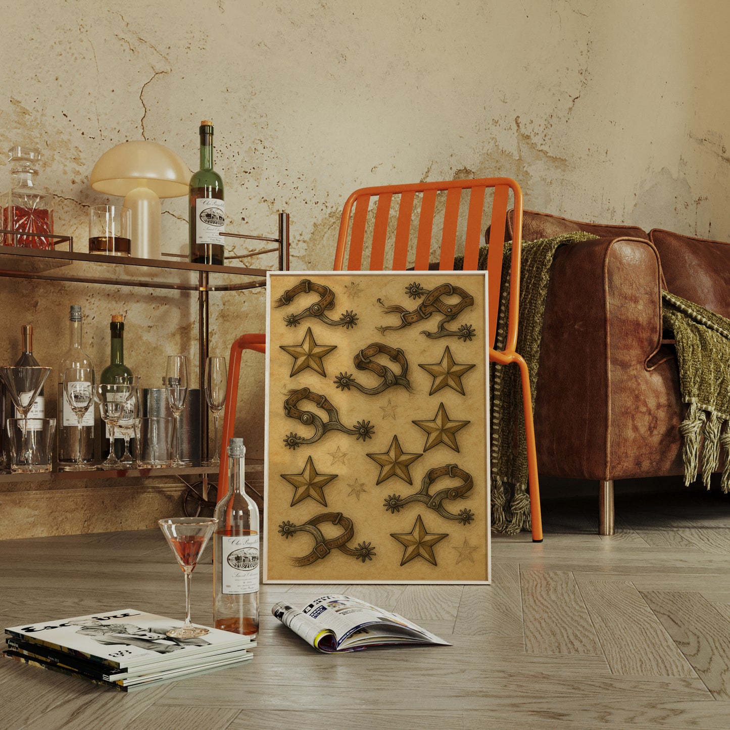 Western Spurs and Stars Vintage Print