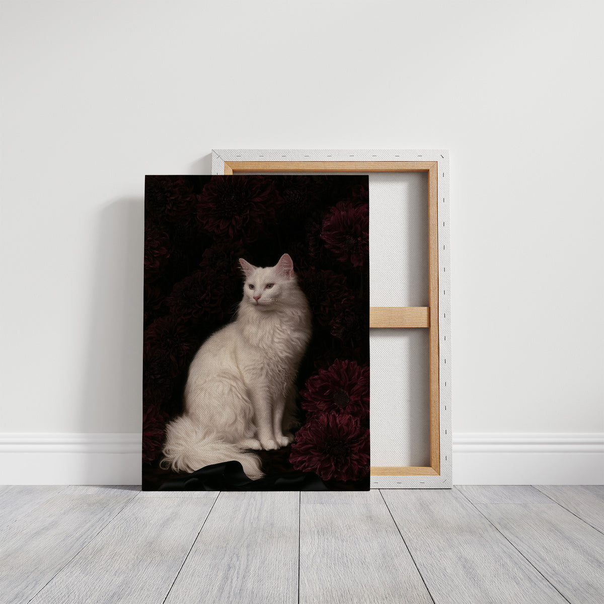 White Cat, Black Chrysanthemums