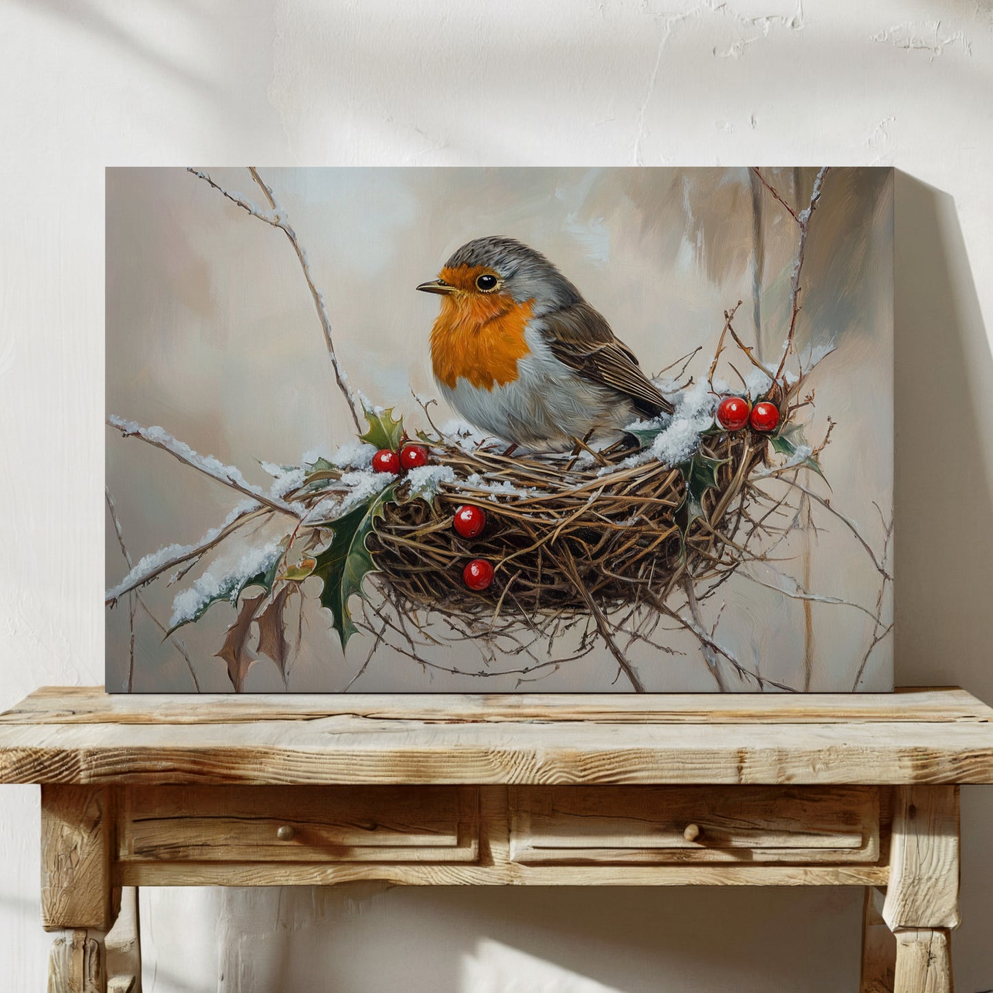 Winter Robin Perches Among Holly