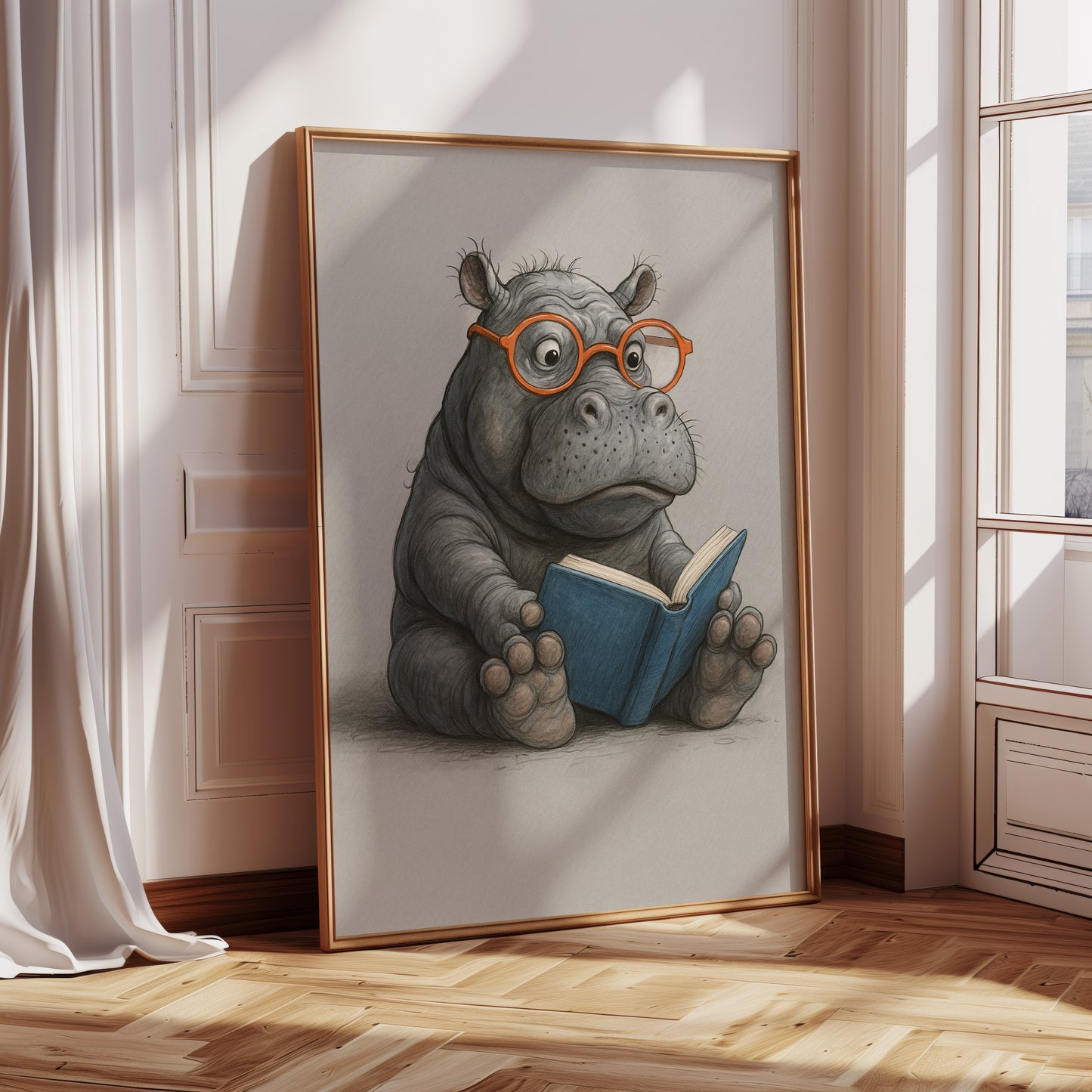 Baby Hippo Reading with Glasses