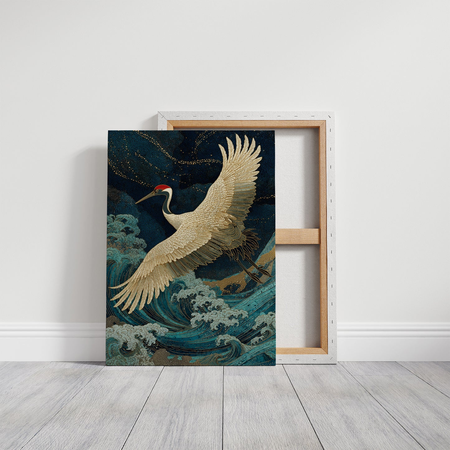 Crane Soars Through Starlit Waves
