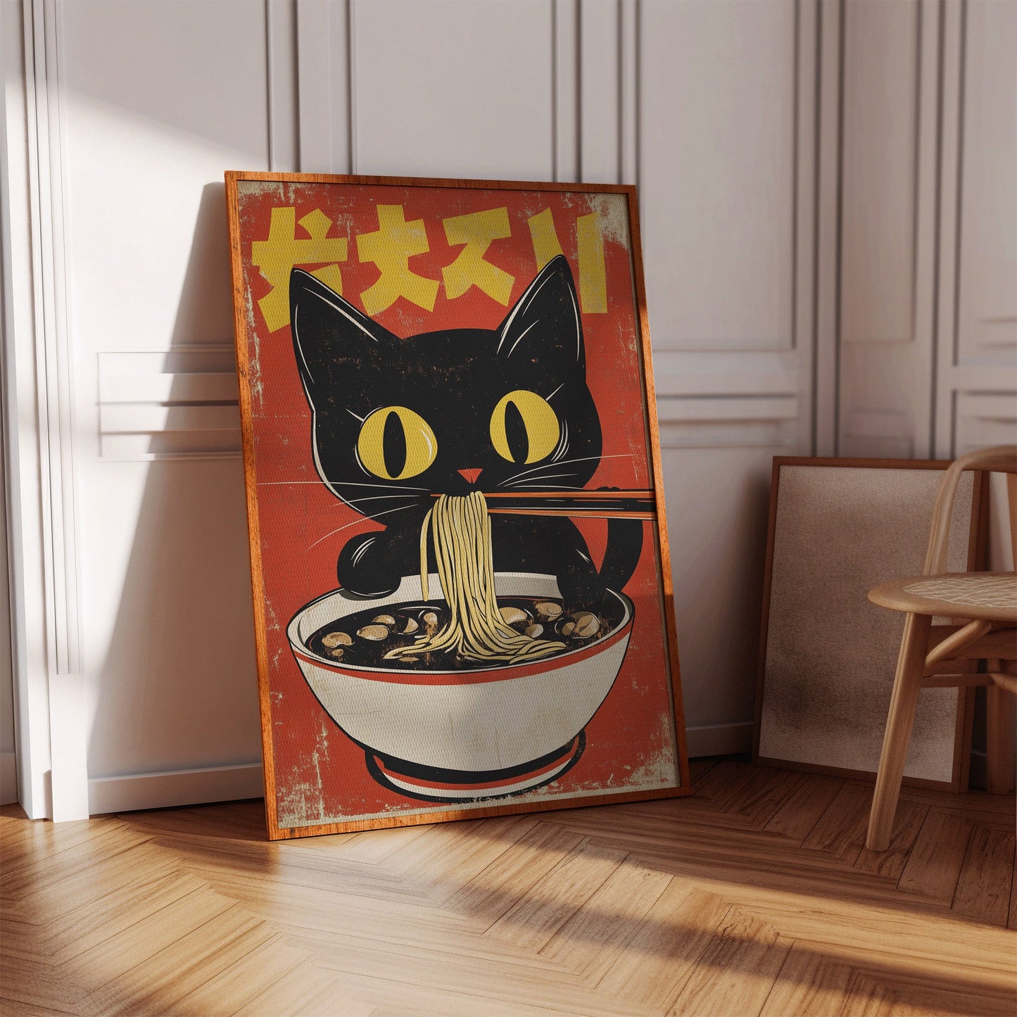 Retro Ramen Cat Poster – Japanese-Inspired Noodle Lover Wall Art