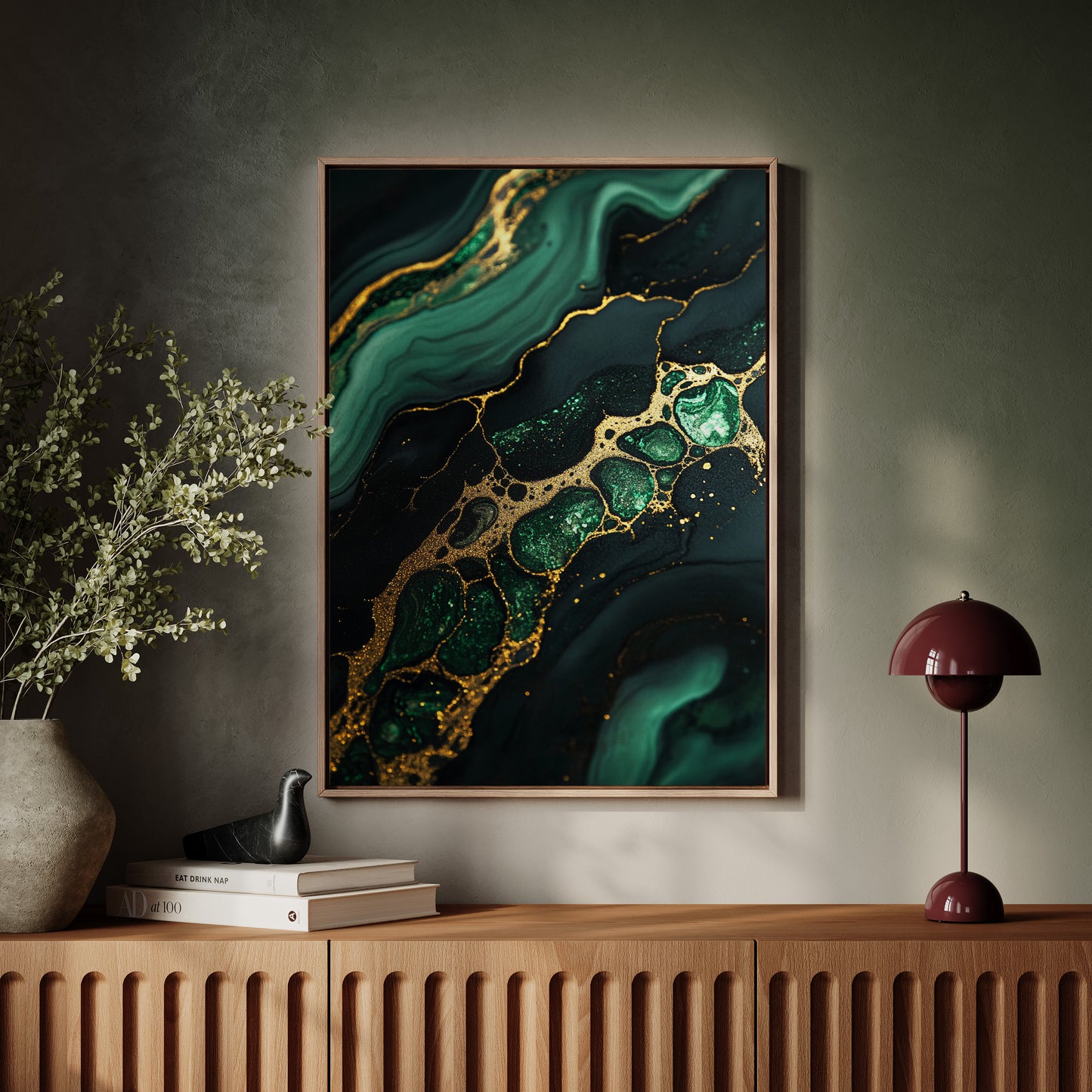 Gilded Cells in Deep Emerald Flow