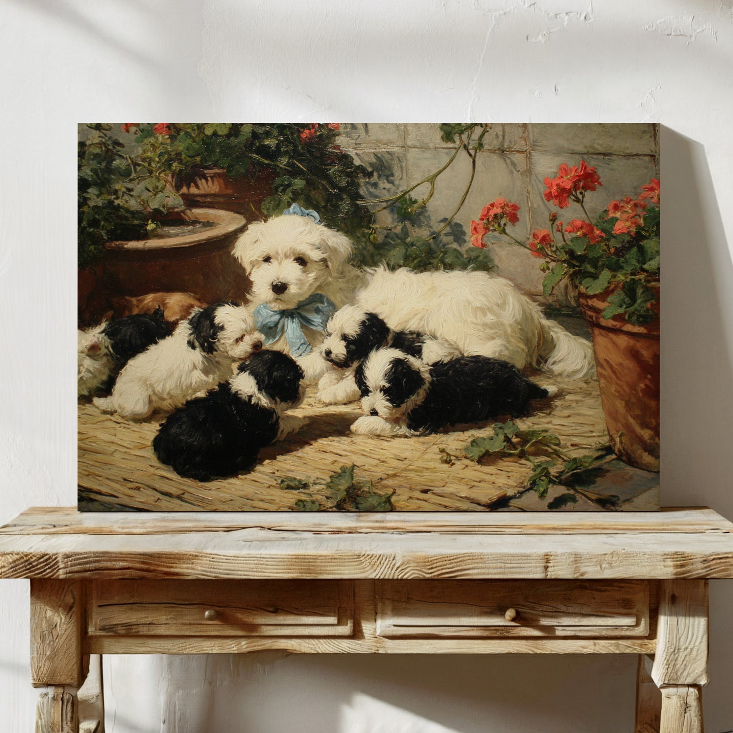Puppies Rest Among Garden Geraniums