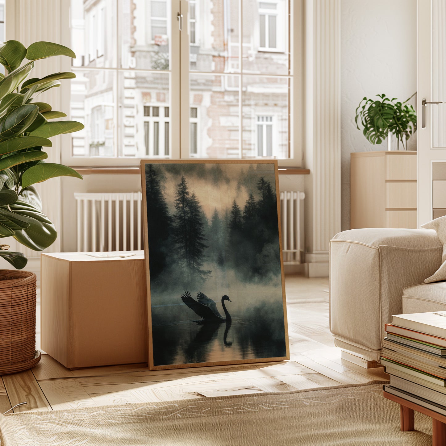 Black Swan in the Forest Mist