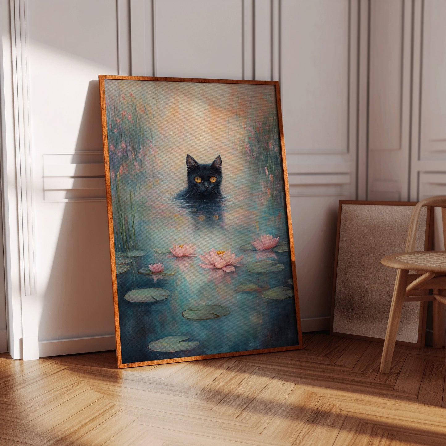 Mystical Black Cat in Water – Dreamy Water Lily Painting