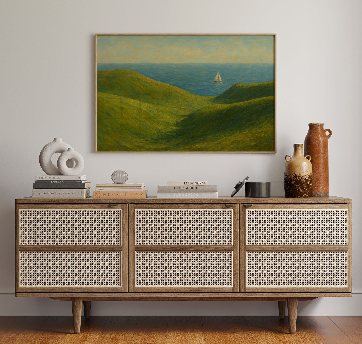 Sailboat Beyond the Green Hills