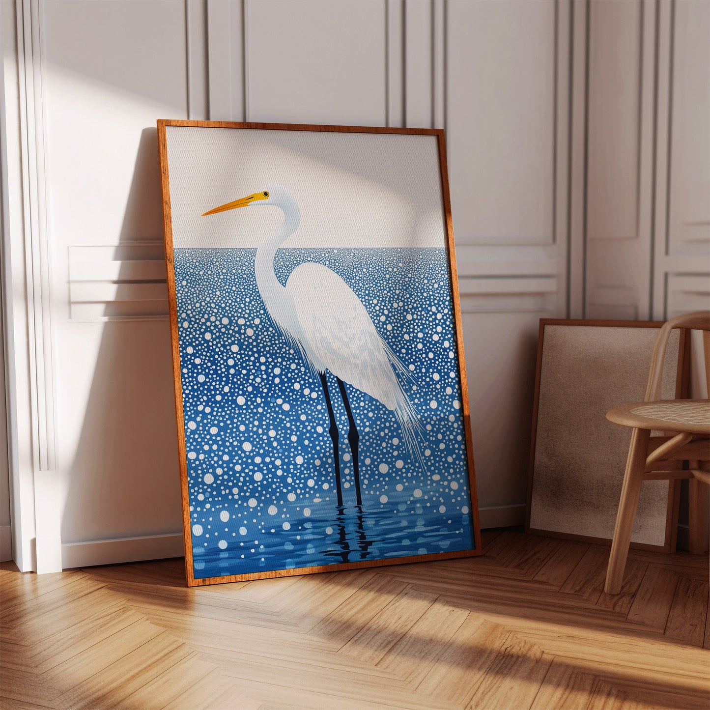 White Egret in Snowfall – Elegant Minimalist Bird Wall Art