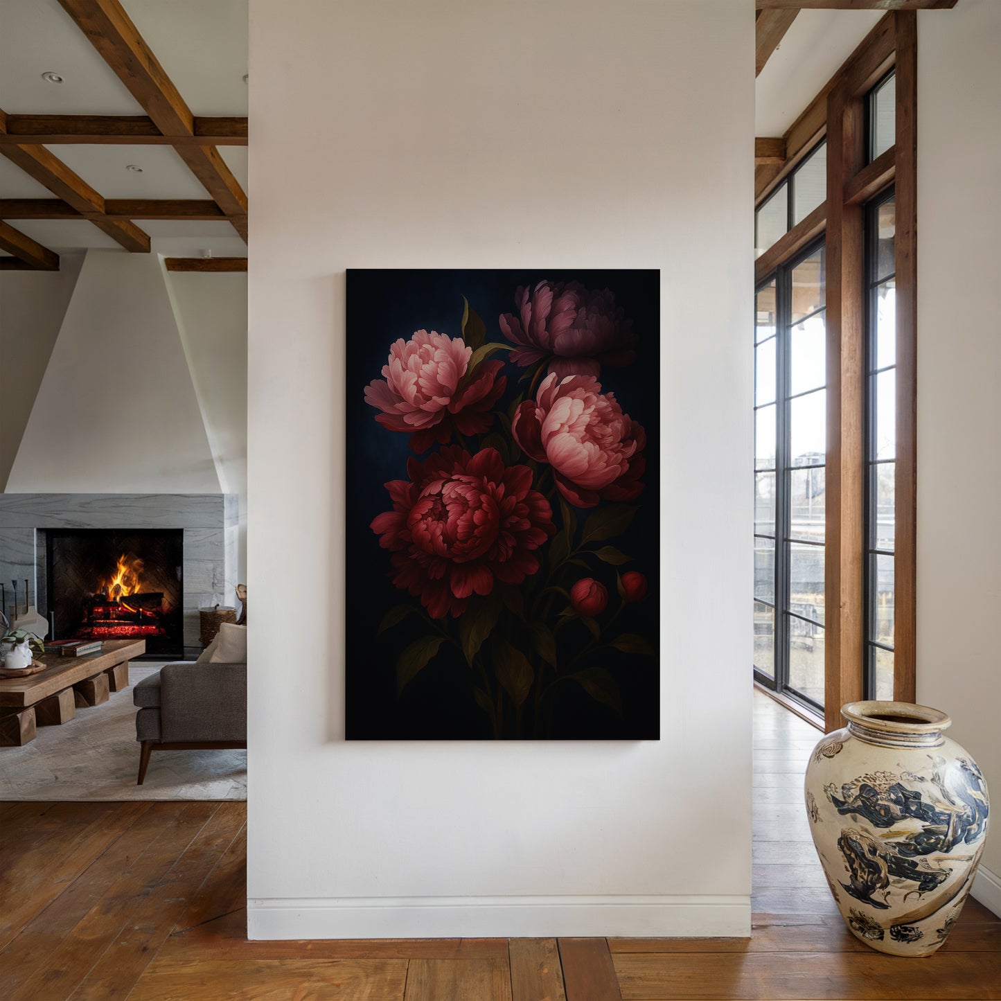 Crimson Peonies in Midnight Bloom