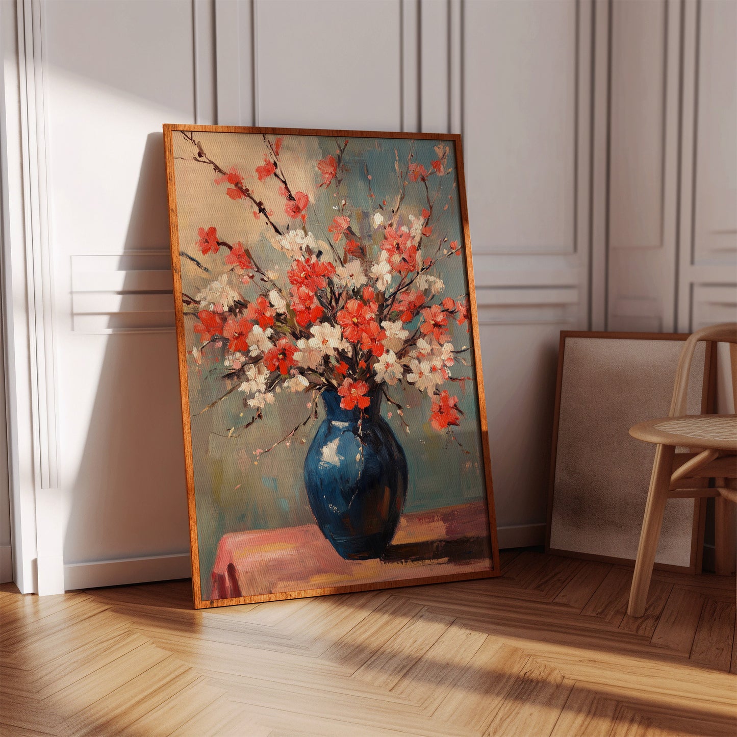 Cherry Blossom Oil Painting – Impressionist Floral Vase Wall Art
