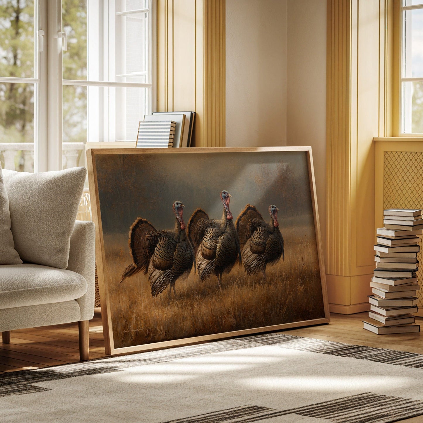 Wild Turkeys March Through Golden Fields