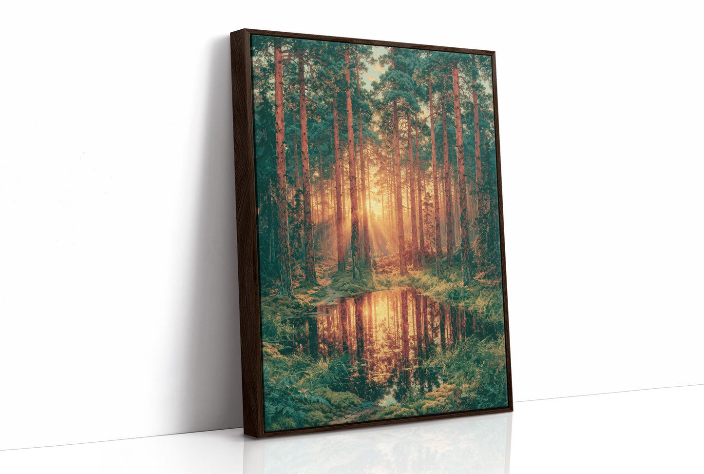 Golden Hour Reflections: Pine Forest at Sunset