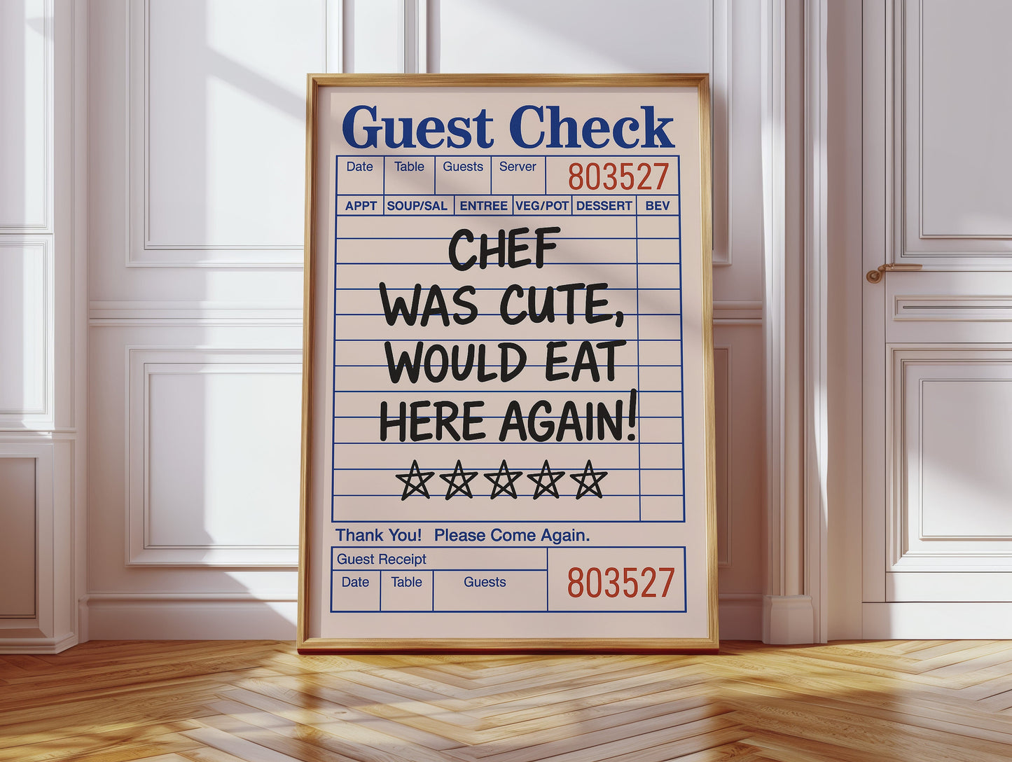 Funny Guest Check Wall Art – “Chef Was Cute” Diner Poster