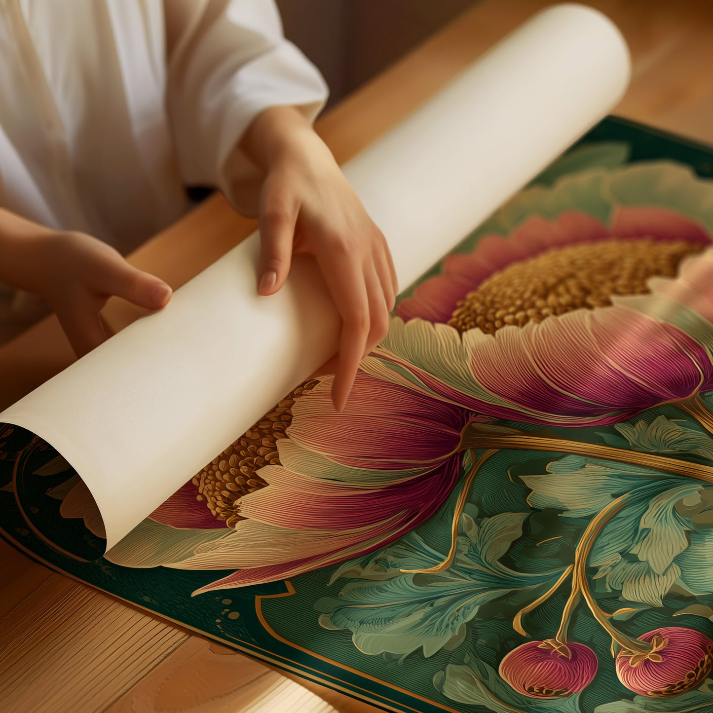 Two Peonies, One Gilded Stem