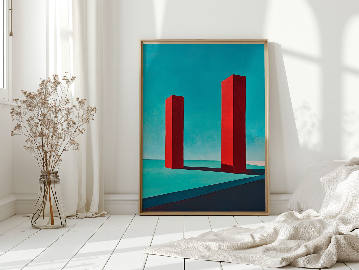 Red Pillars Against Turquoise Sky