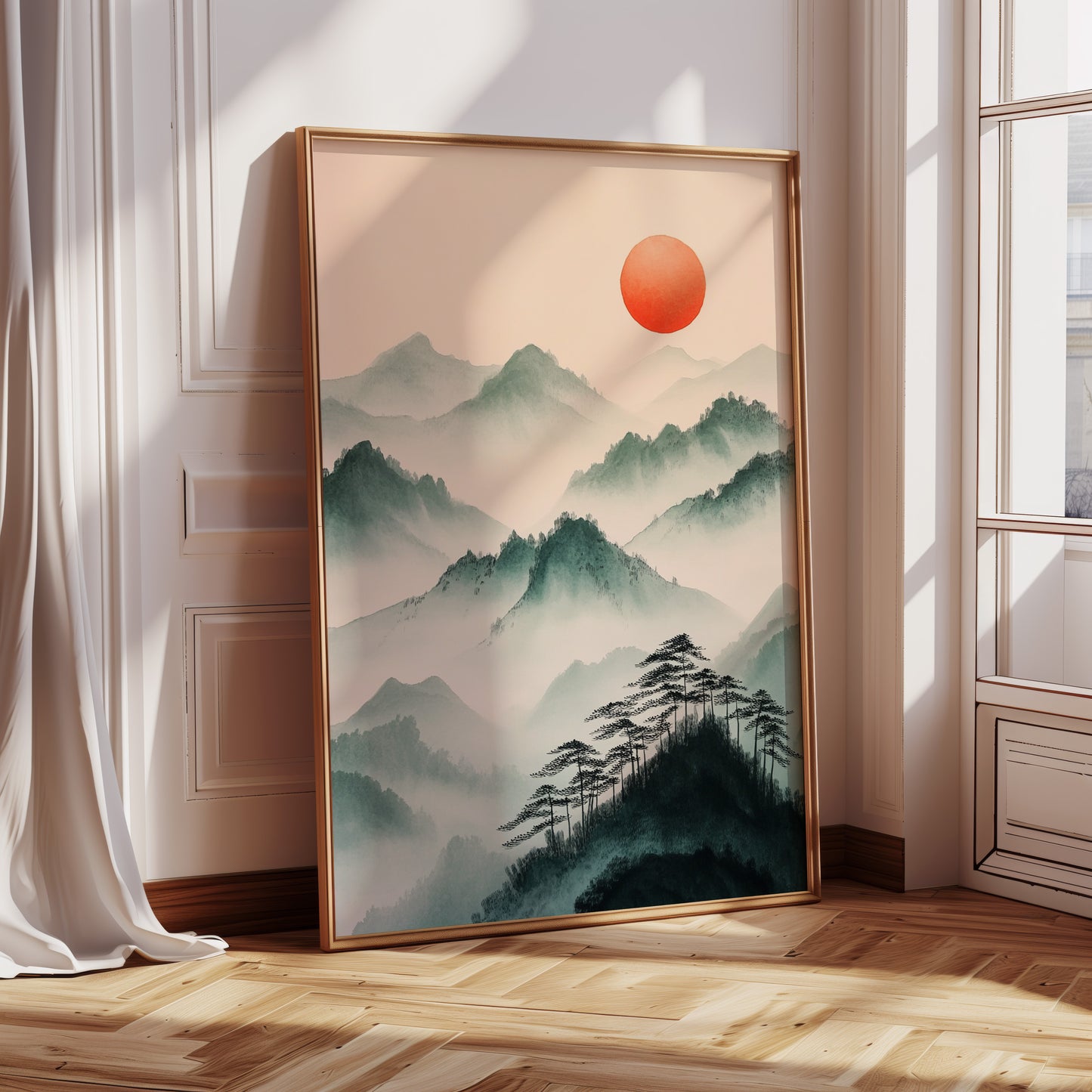 Misty Mountain Sunrise – Tranquil Asian-Inspired Landscape Print