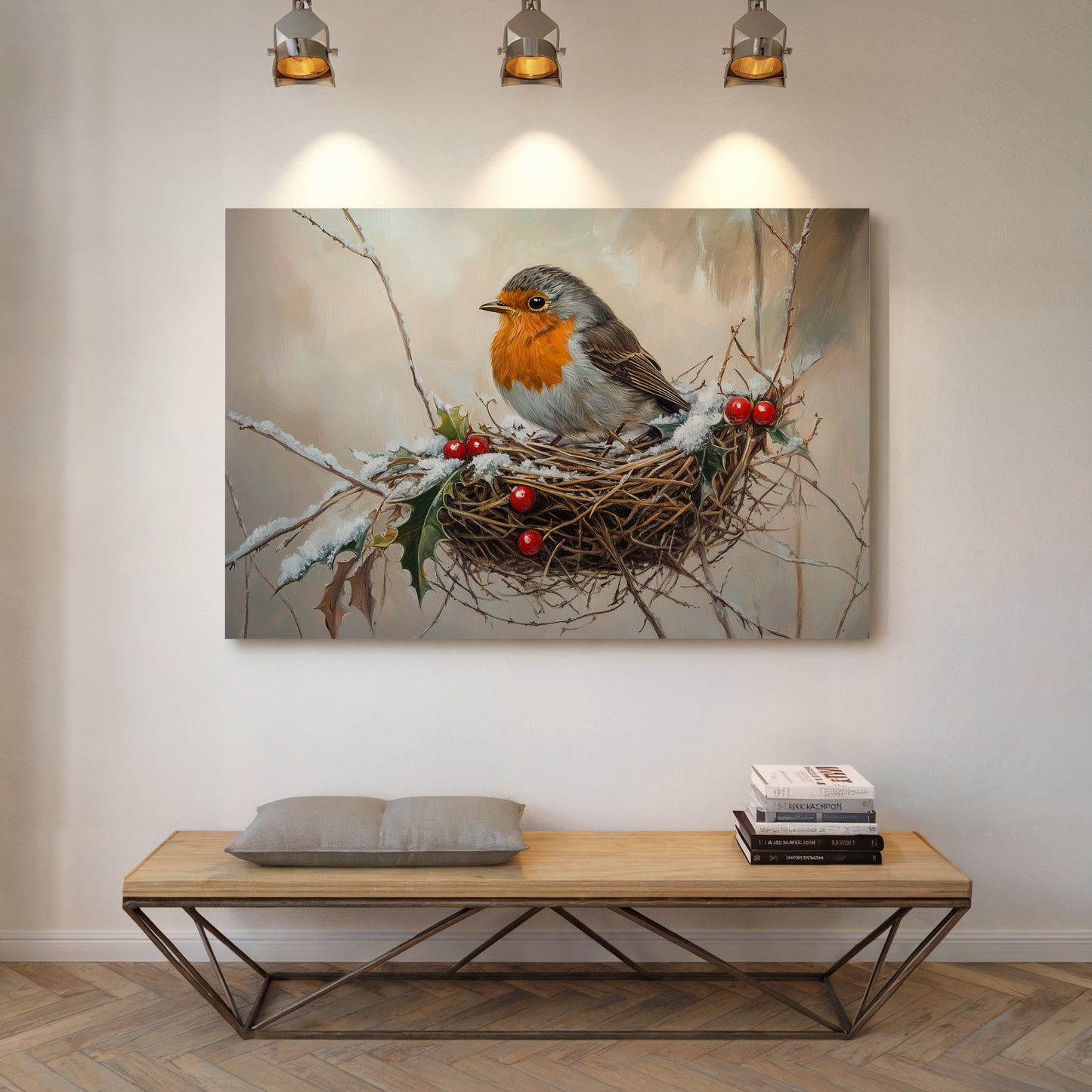 Winter Robin Perches Among Holly