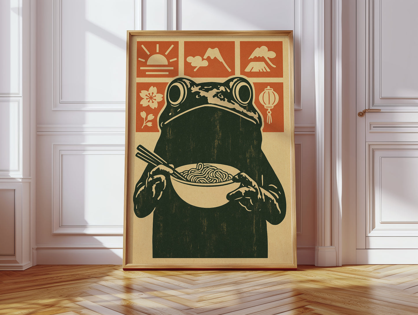 Ramen Frog in Retro Woodblock Style