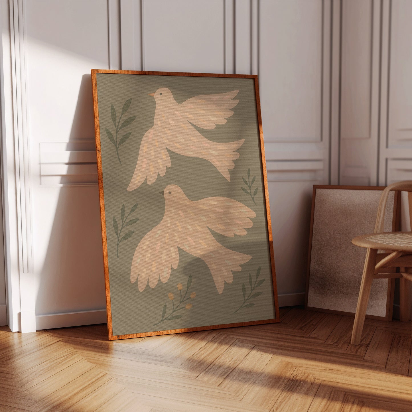 Blush Doves in Olive Sky