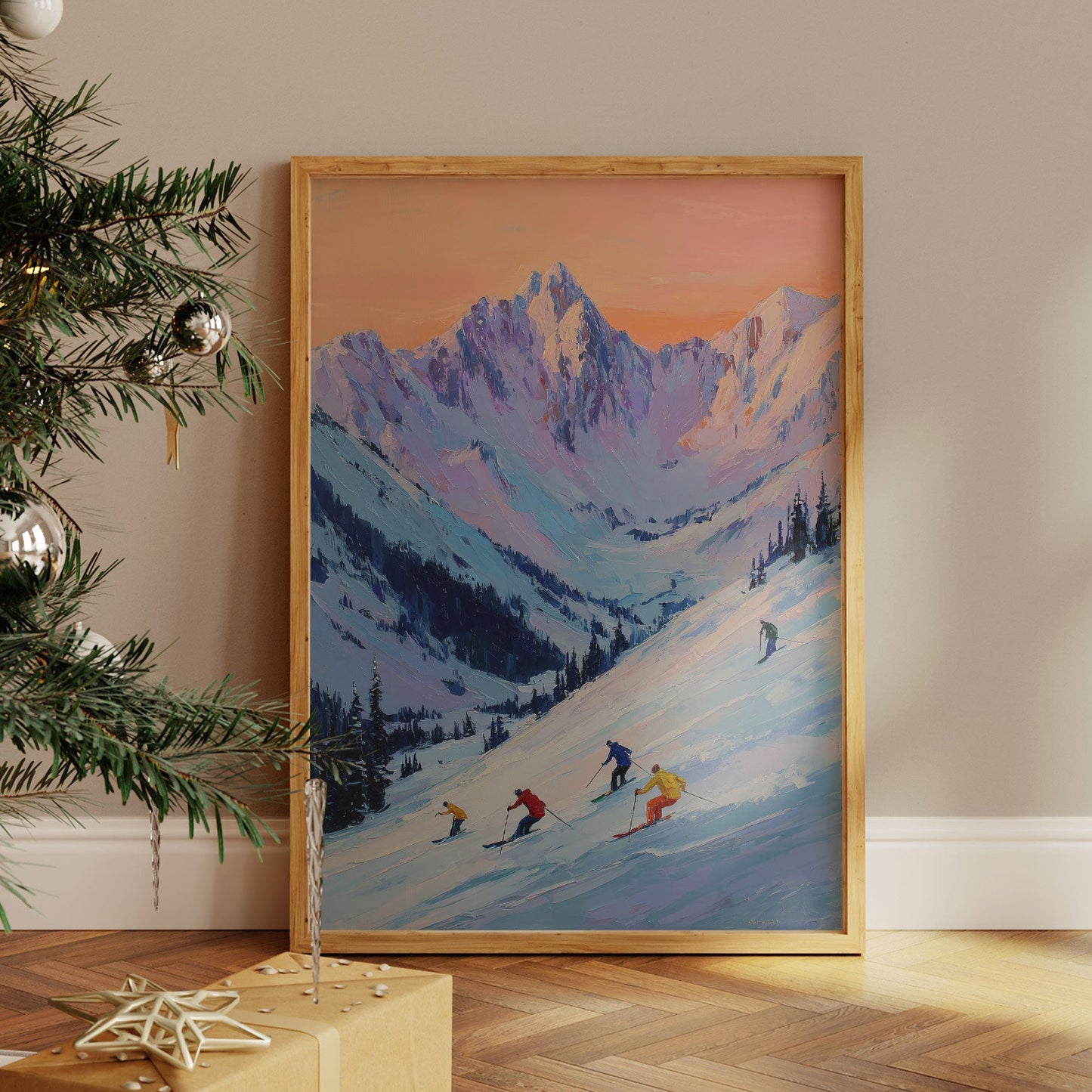 Skiers Chase Alpine Sunset Colors