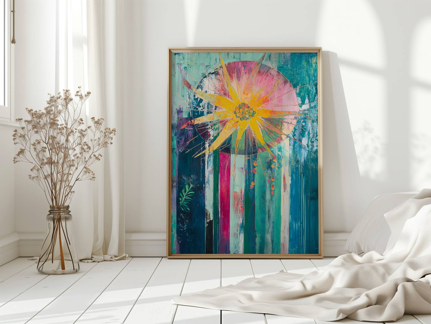 Sunflower Bursts Through Turquoise Rain