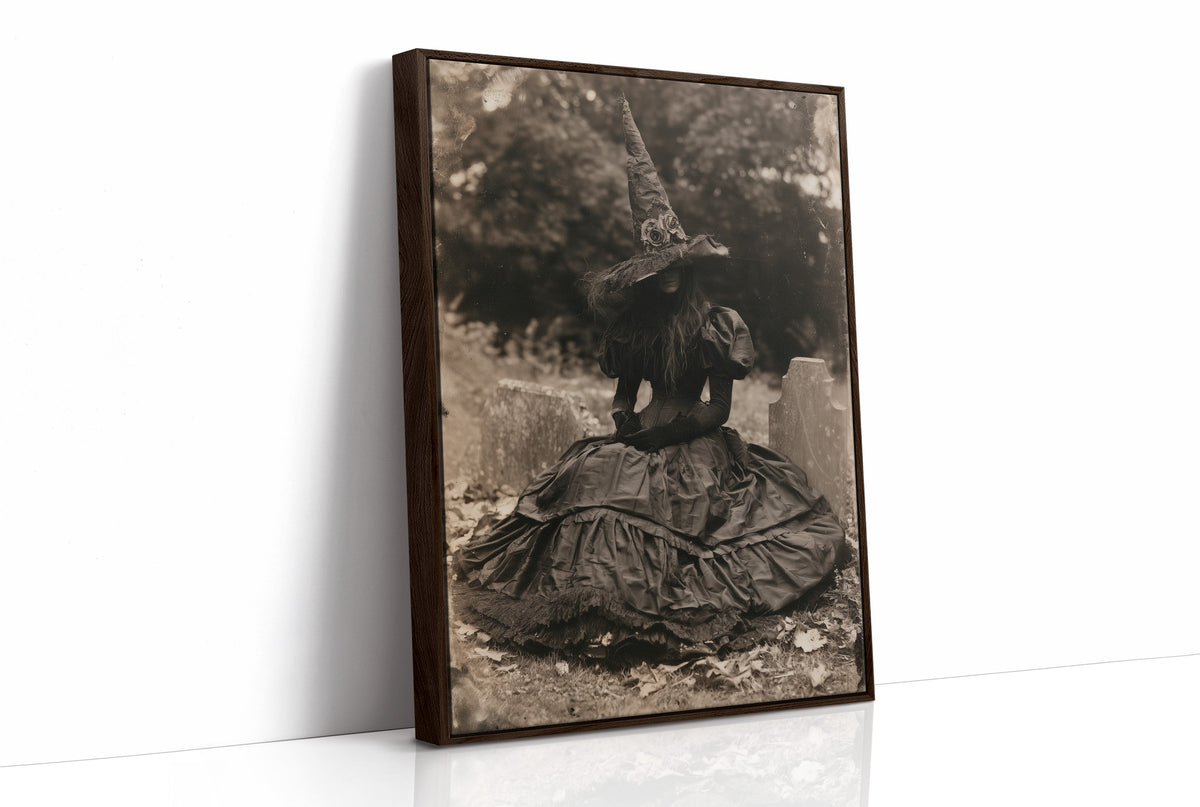 Resting Witch Face, print in a brown wood frame