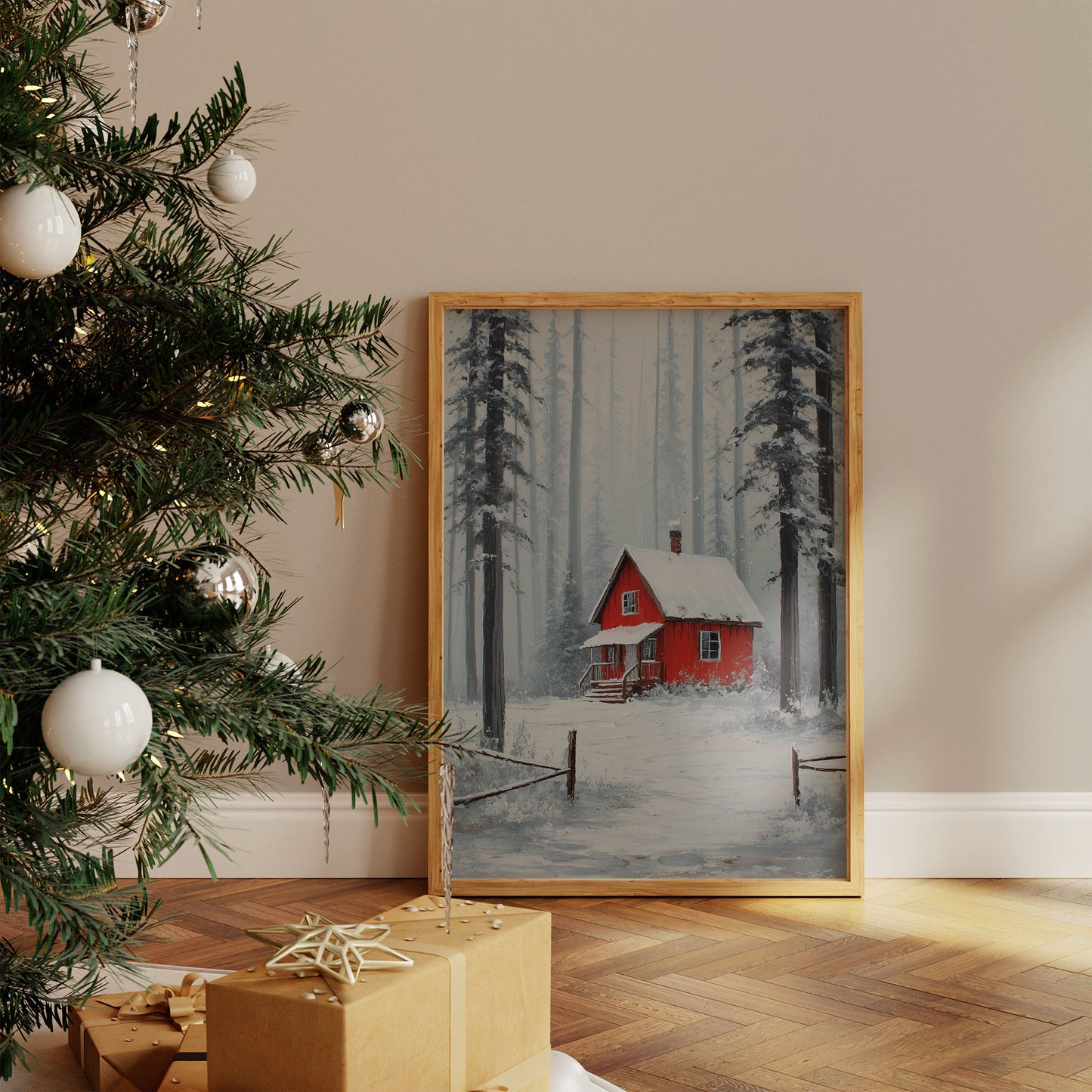 Red Cabin Sleeps In Winter Woods