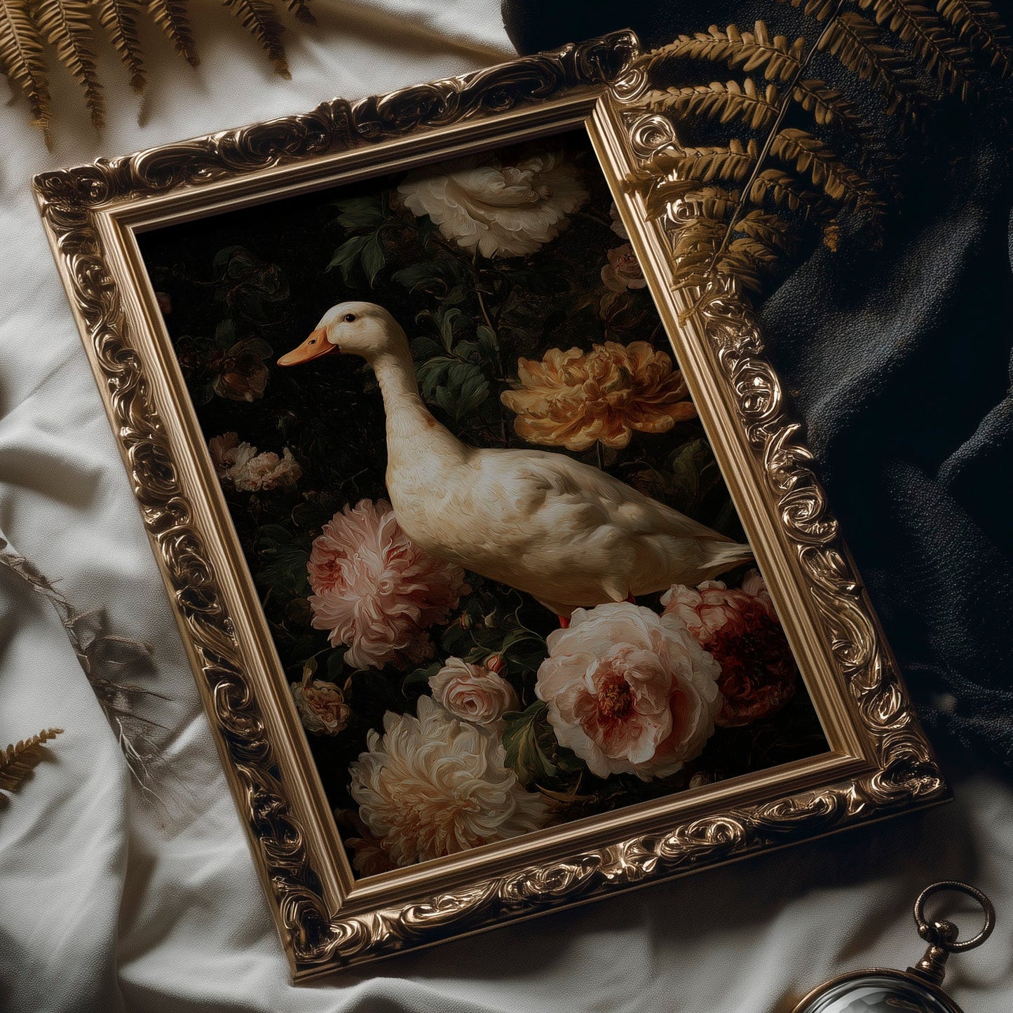 White Duck Among Blooming Peonies