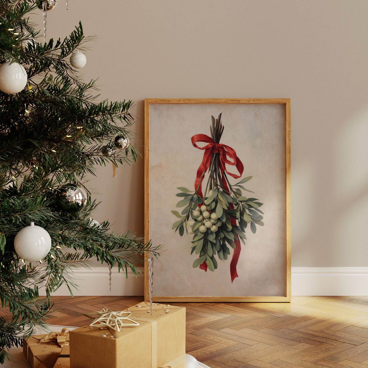 Mistletoe Bound In Crimson Ribbon