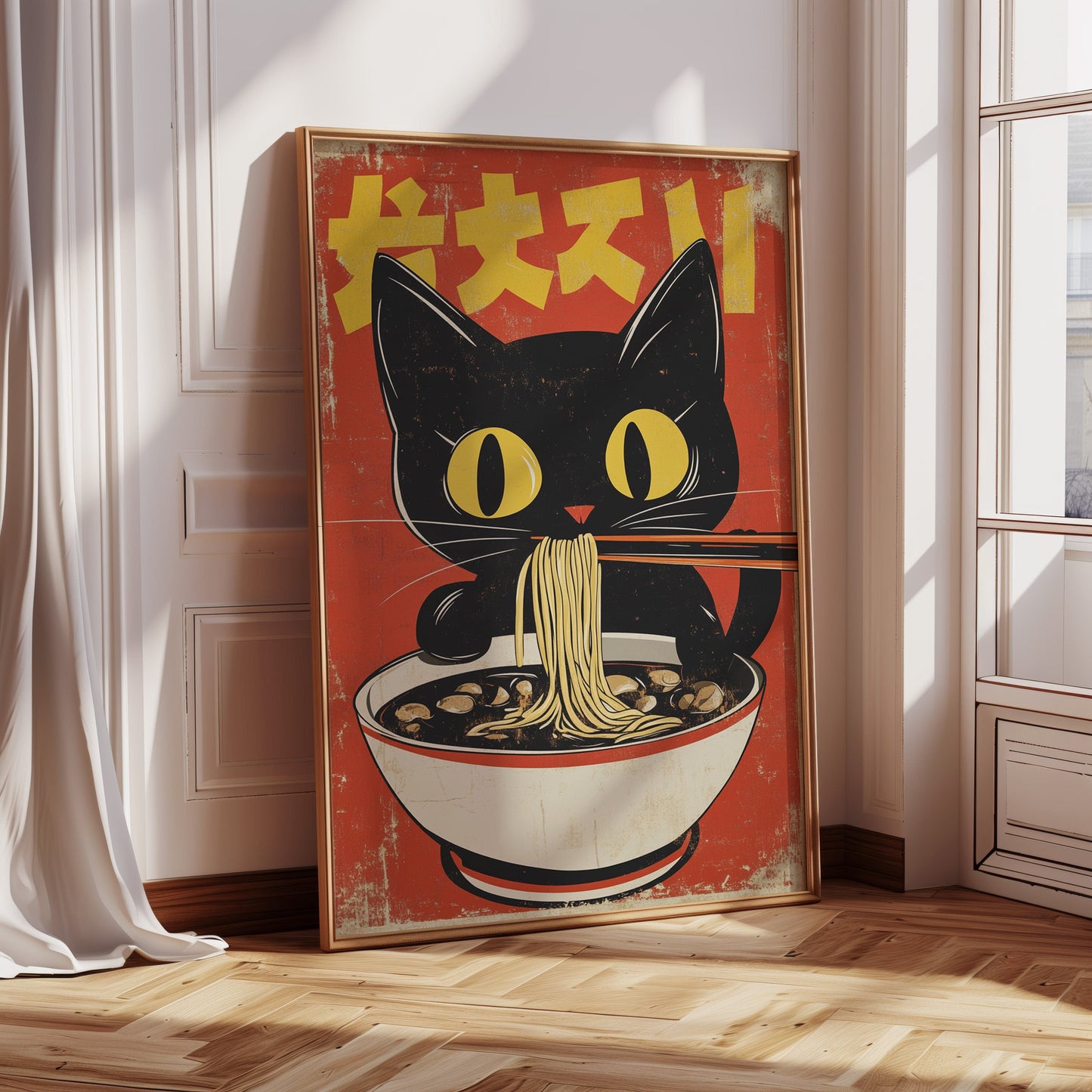 Retro Ramen Cat Poster – Japanese-Inspired Noodle Lover Wall Art