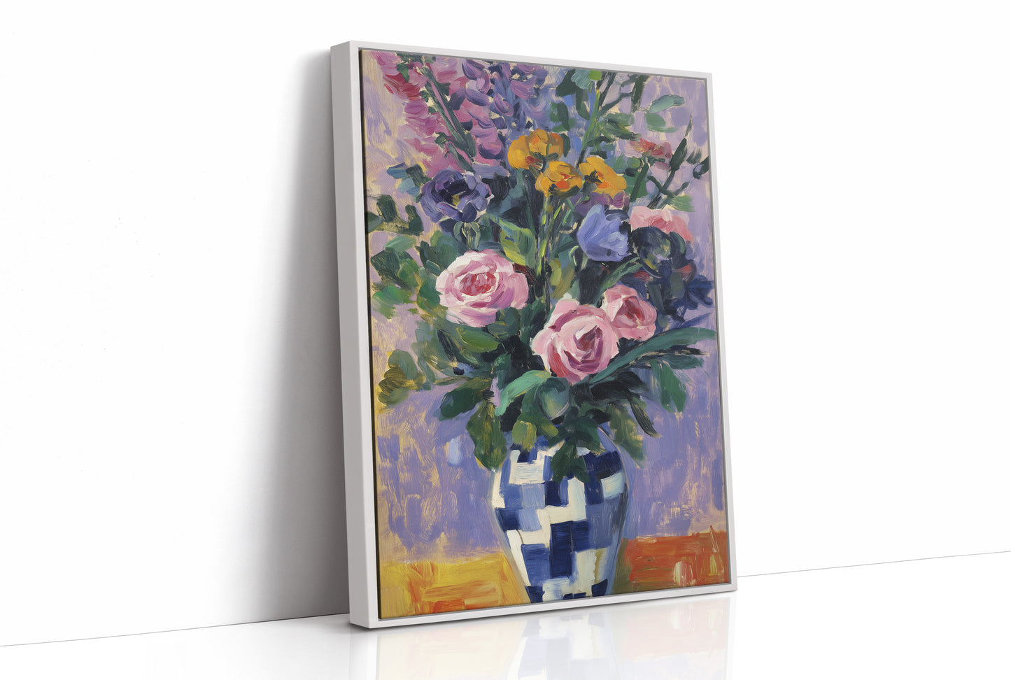 Vibrant Blooms in Checkered Blue