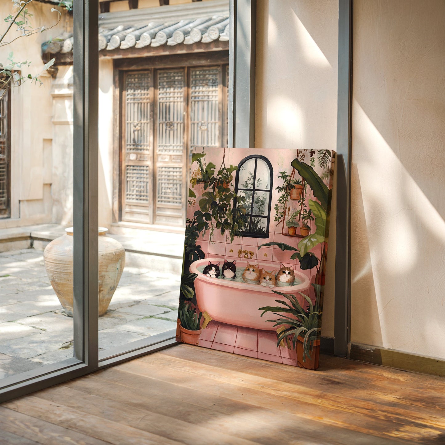 Cat Spa Day – Funny Cat Wall Art, Pink Bathtub Aesthetic, Cozy Home Decor